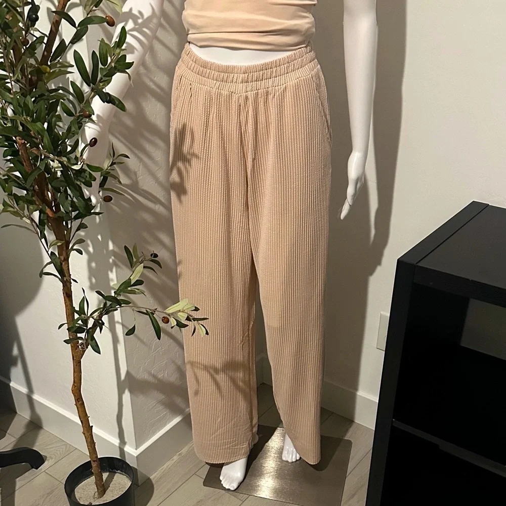 Women's Beige Ribbed Pants - Picture 1 of 5
